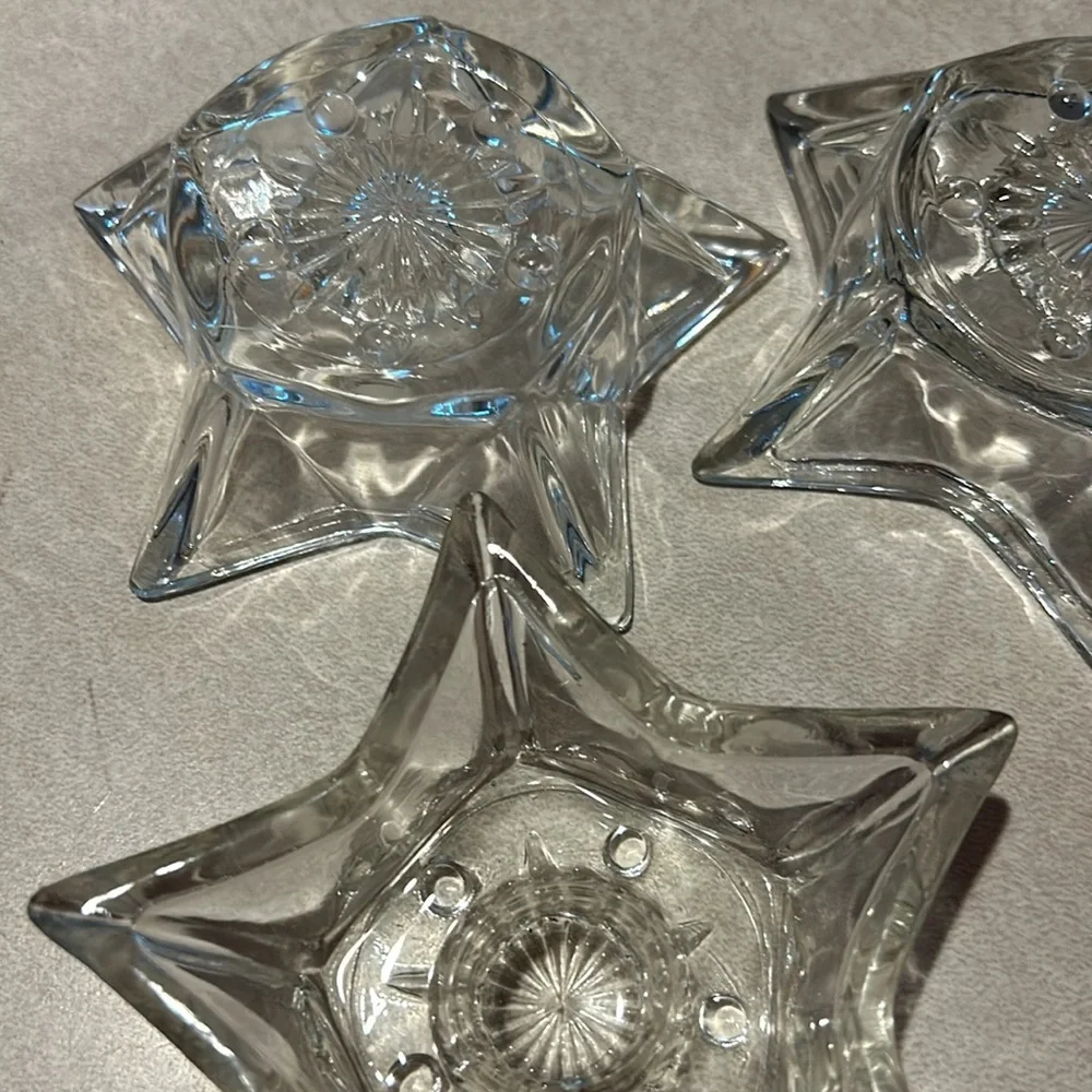 Vintage Glass Star Shaped Tapered‎ Candle Holders Clear 5 points set of 3